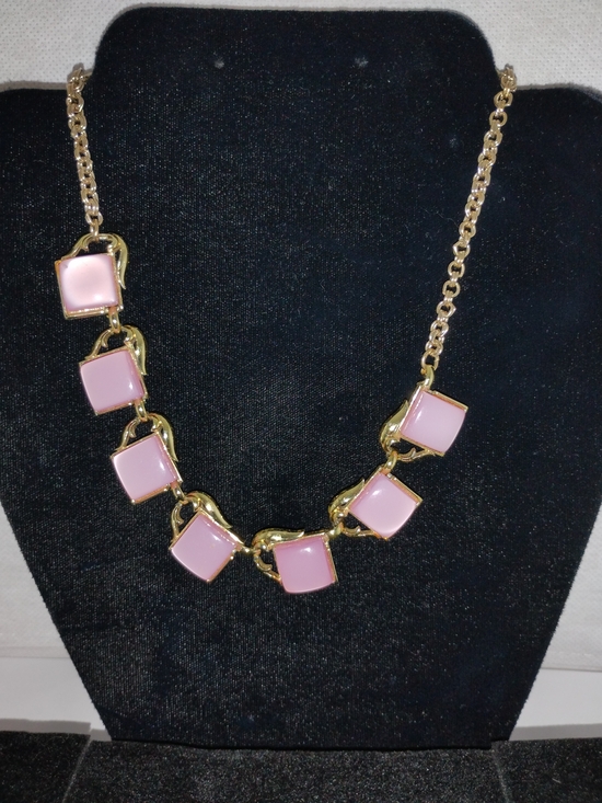 Jewelry - Gold-Tone Necklace with Pink Square Cabochons